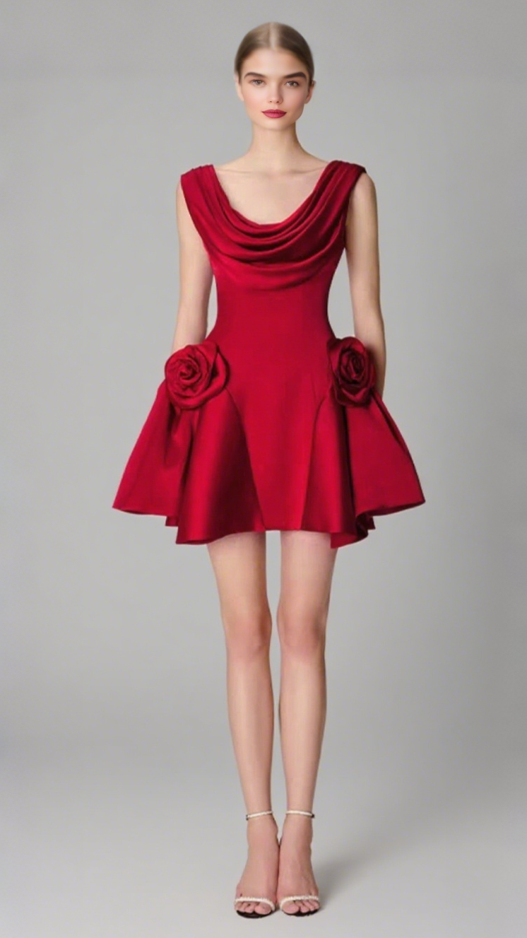 3D FLOWER PLEATED SLEEVELESS MINI DRESS