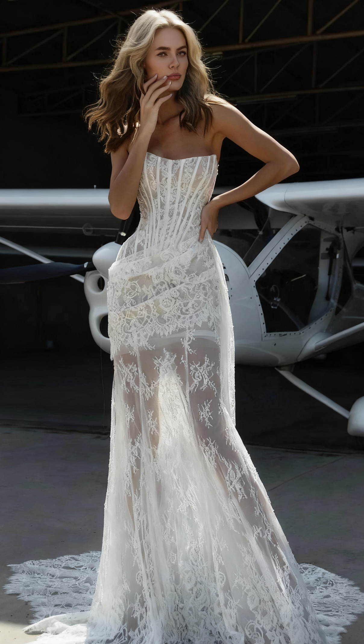 AIIZIE IVORY SHEER LACE CORSET MAXI GOWN WITH DRAPED NECKLINE - product image