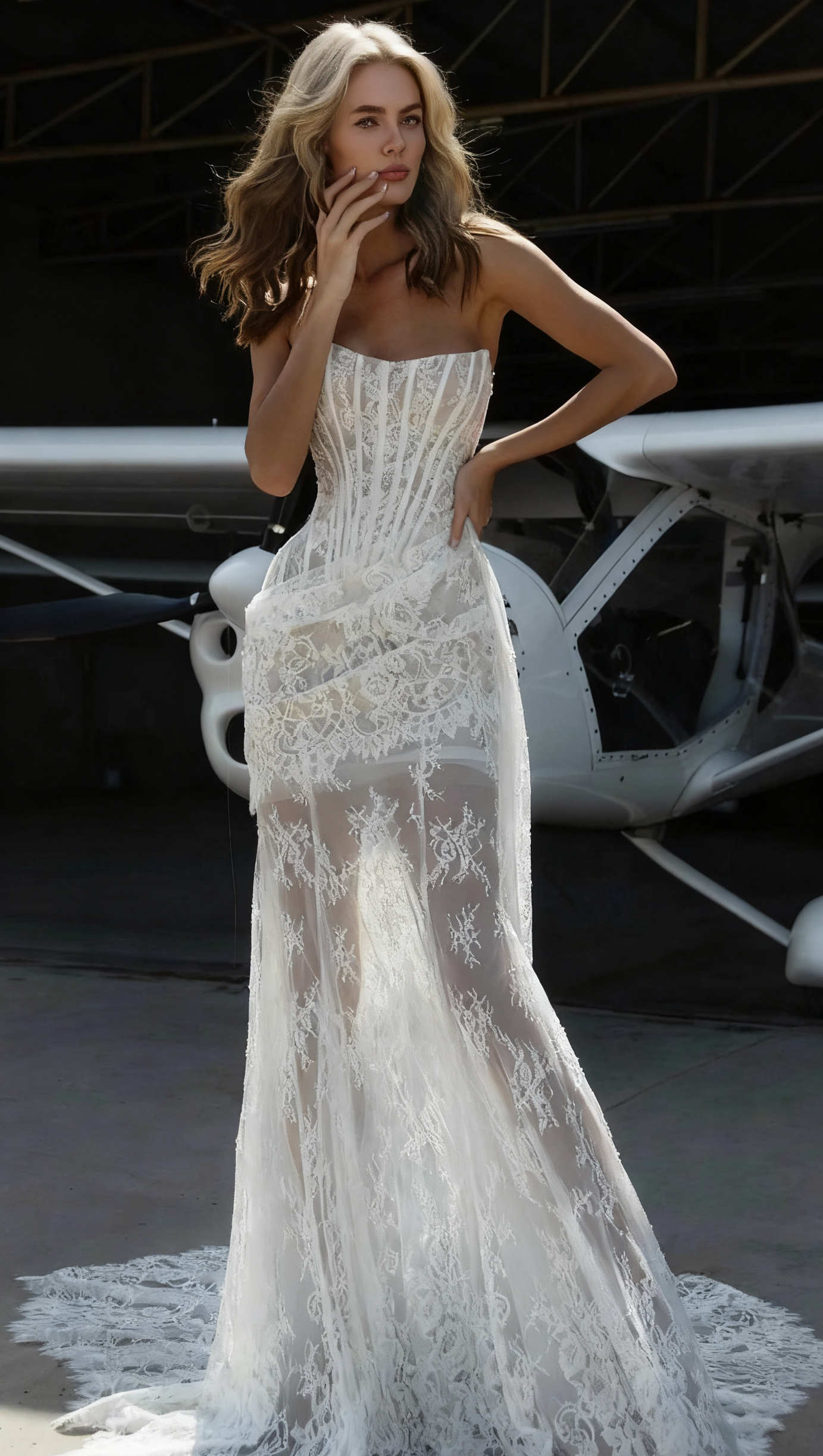 IVORY SHEER LACE CORSET MAXI GOWN WITH DRAPED NECKLINE