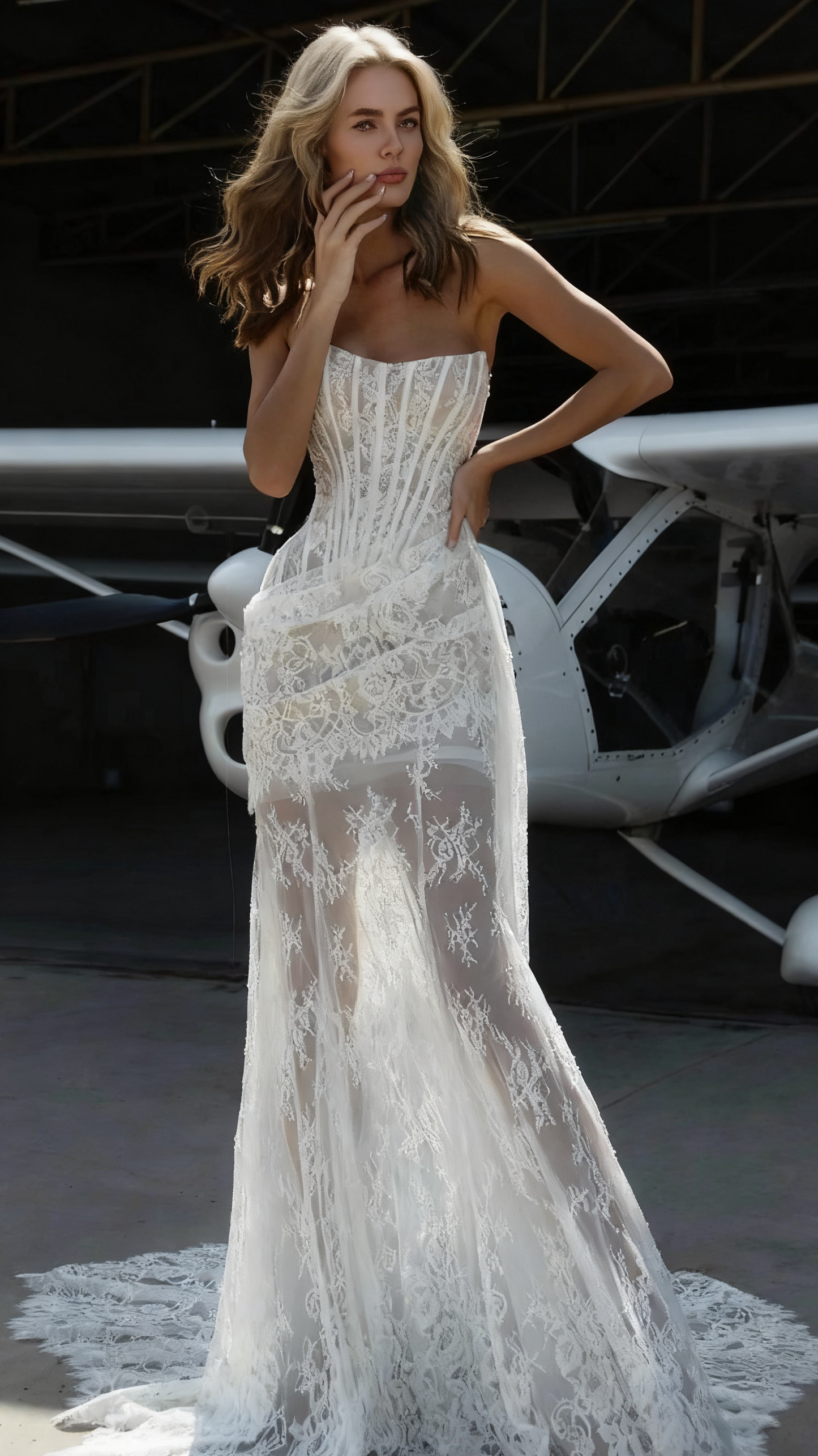 AIIZIE IVORY SHEER LACE CORSET MAXI GOWN WITH DRAPED NECKLINE - product image