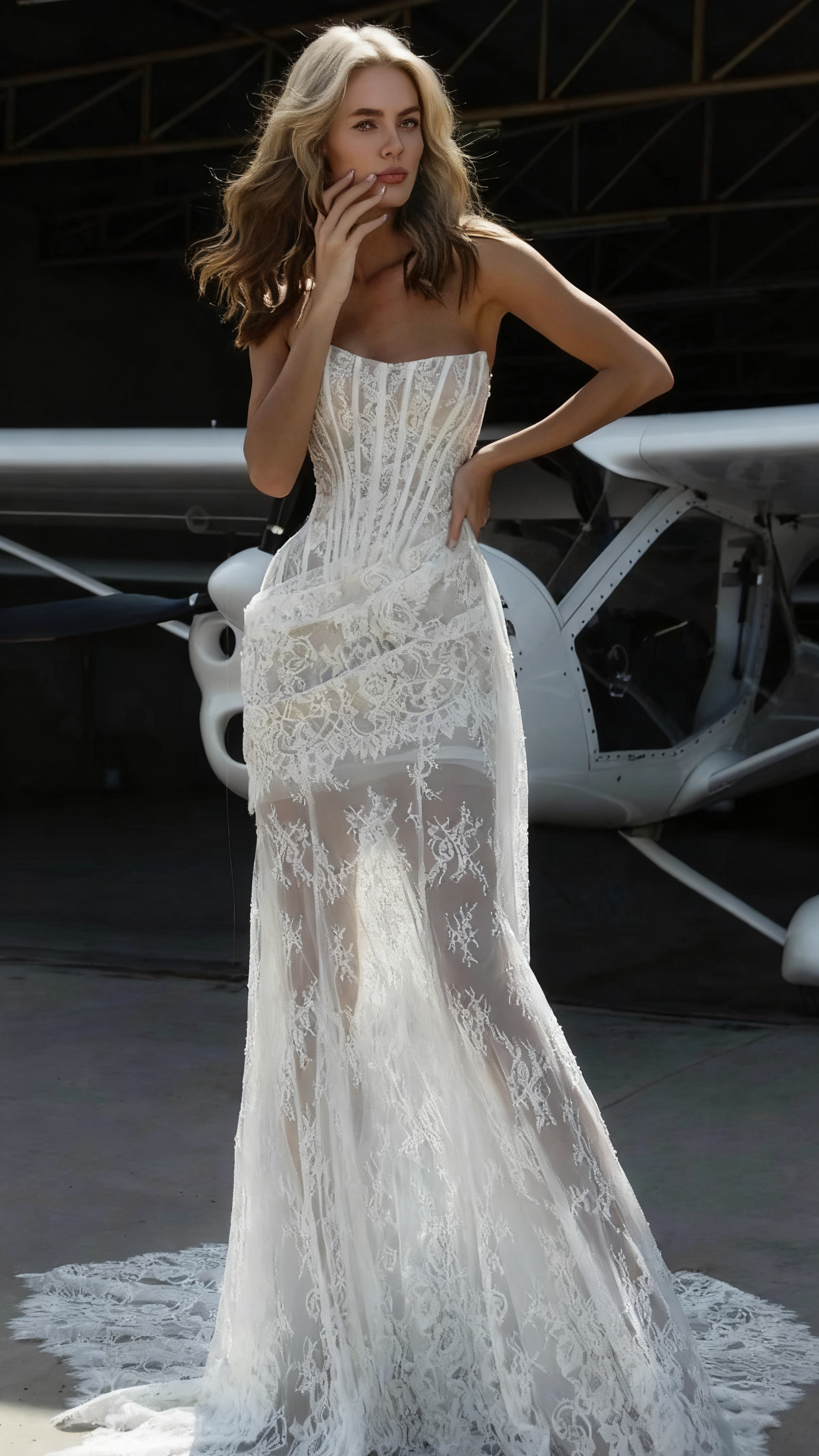 AIIZIE IVORY SHEER LACE CORSET MAXI GOWN WITH DRAPED NECKLINE - product image