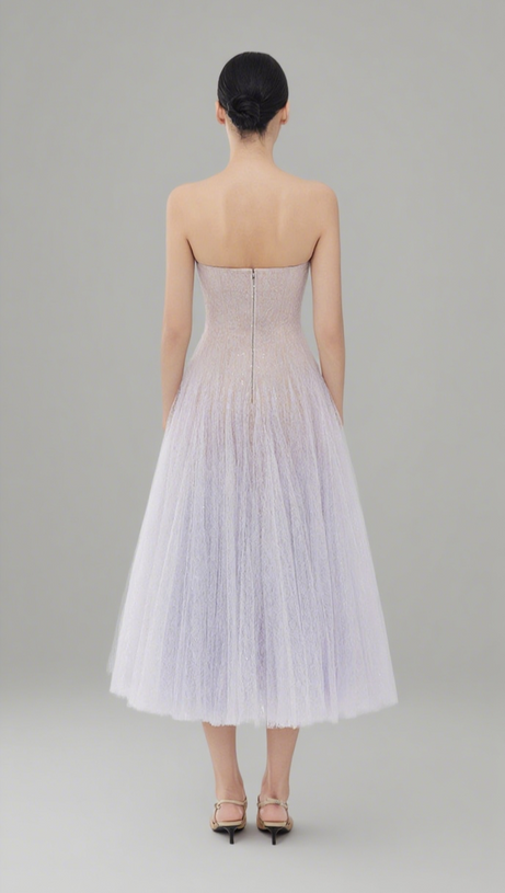 VIOLET DRAPED LACE MIDI DRESS