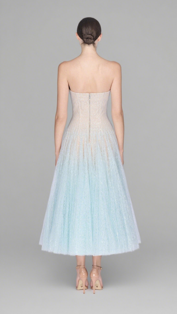 AIIZIE BLUE DRAPED LACE MIDI DRESS - product image