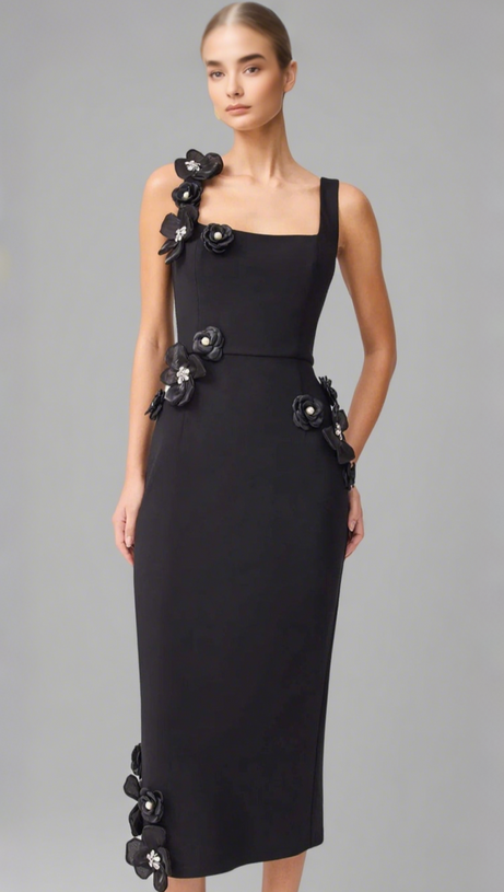 SABRINA 3D FLOWER MIDI DRESS IN BLACK