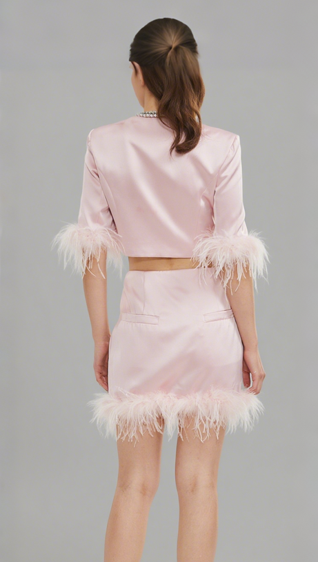 FLAVIA SATIN FEATHER TOP & SKIRT MATCHING SET