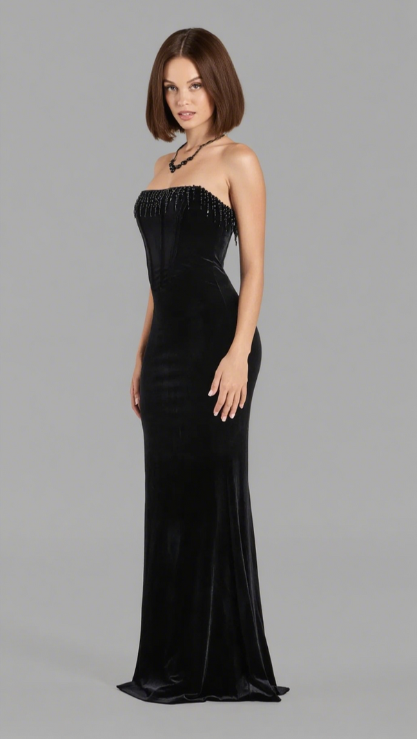AIIZIE LUISA PEARL FRINGE TRIM VELVET CORSET MERMAID DRESS - product image