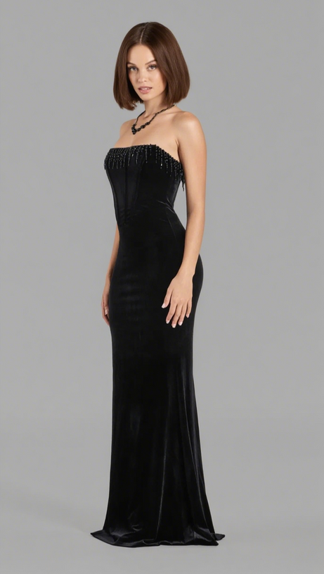 LUISA PEARL FRINGE TRIM VELVET CORSET MERMAID DRESS