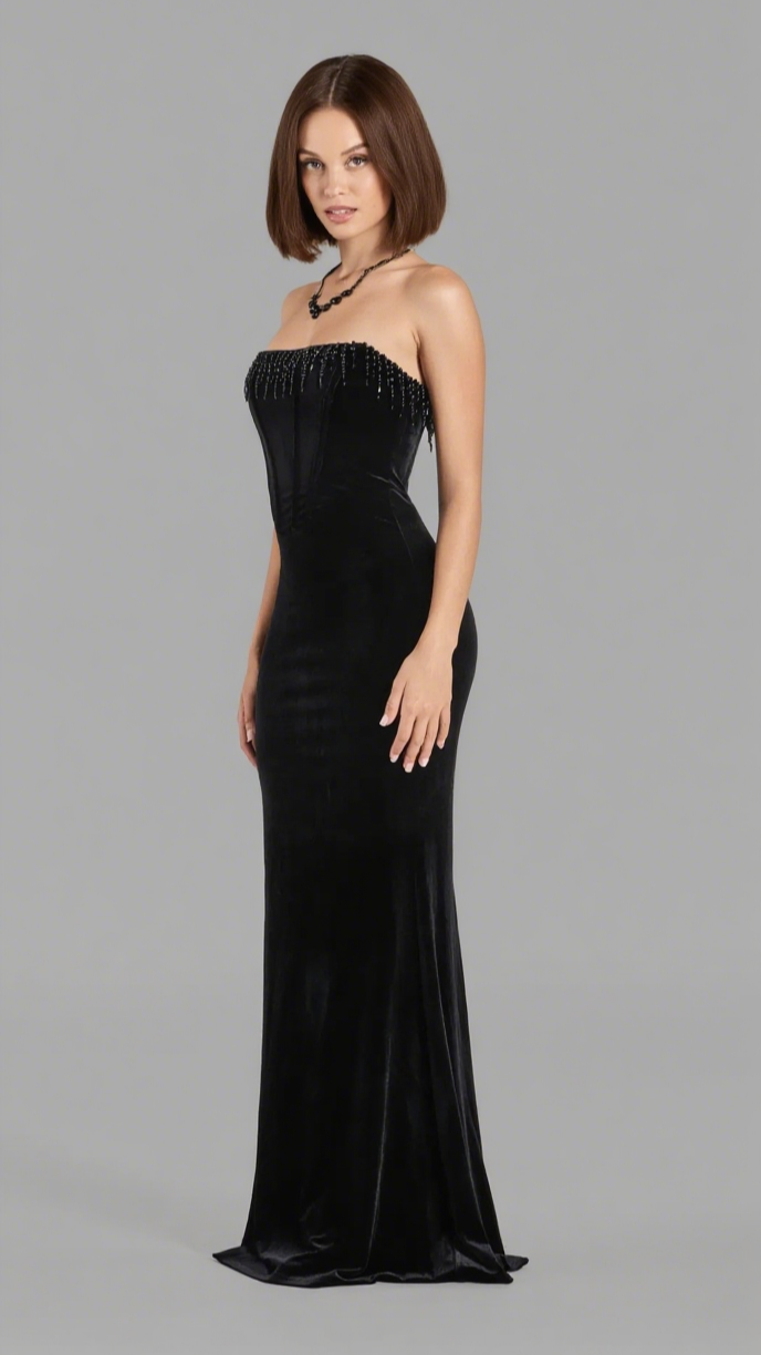 LUISA PEARL FRINGE TRIM VELVET CORSET MERMAID DRESS