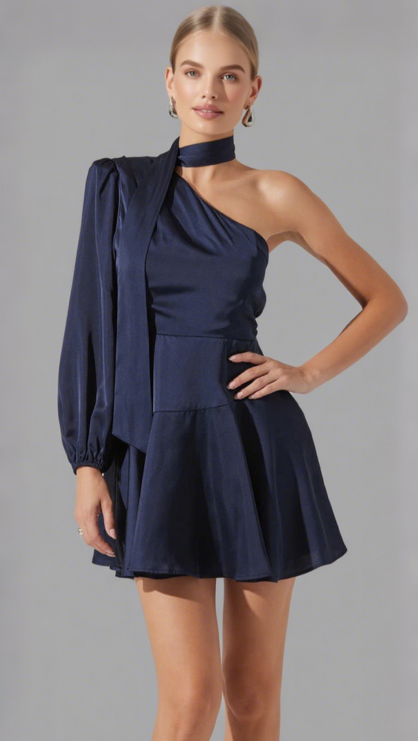 AIIZIE DEEP BLUE SATIN SCARF MINI SKATER DRESS - product image