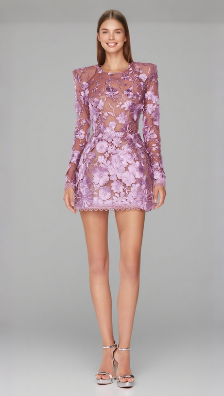 LILAC FLORAL LACE LONG SLEEVE MINI DRESS