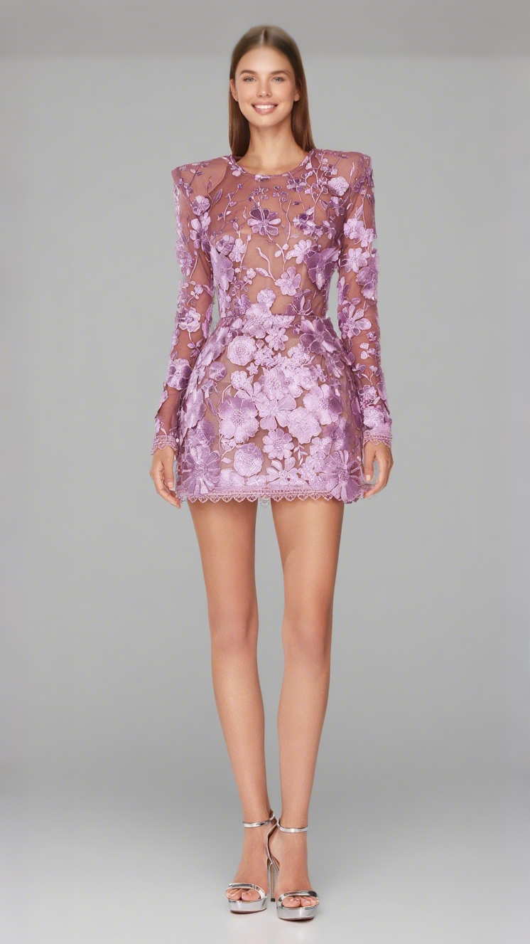 LILAC FLORAL LACE LONG SLEEVE MINI DRESS