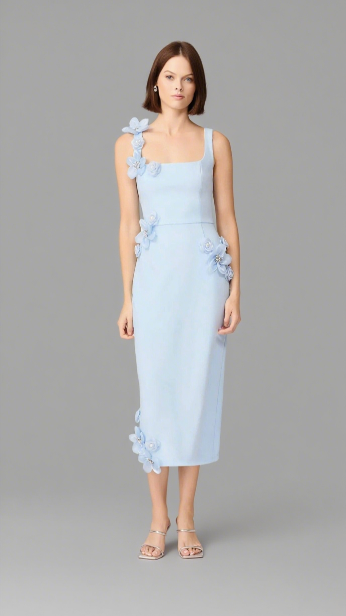 SABRINA 3D FLOWER MIDI DRESS IN BLUE
