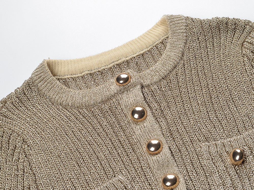 Shimmering Gold Ribbed Knit Midi Dress with Chic Chain Belt