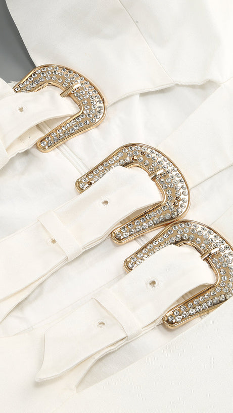 ARABELA BUCKLED MINI DRESS IN WHITE