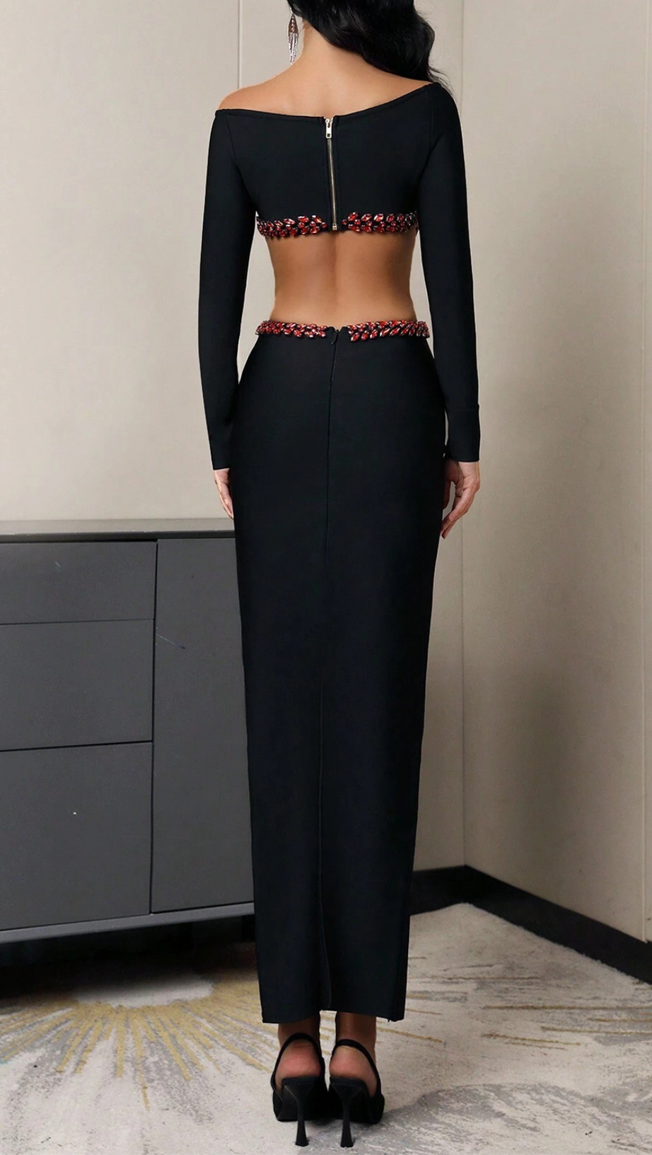 ONE SHOULDER BEADED EMBELLISHED BACKLESS MAXI DRESS