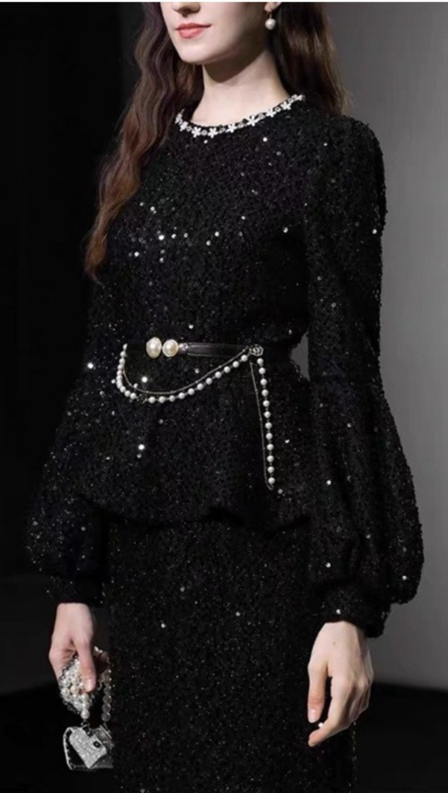 SEQUIN LANTERN SLEEVE RUFFLE MIDI DRESS