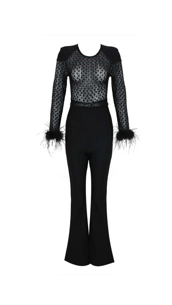 AIIZIE BLACK FEATHER SEQUIN JUMPSUIT - product image