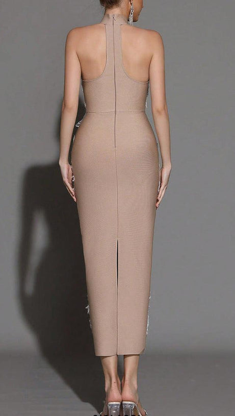 pandora Sleeveless Beaded Tassel Sequin Bandage maxi Dress - Khaki