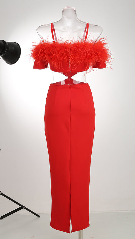 OFF-SHOULDER FEATHER PANEL RED DRESS