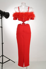 Off-shoulder feather panel red dress