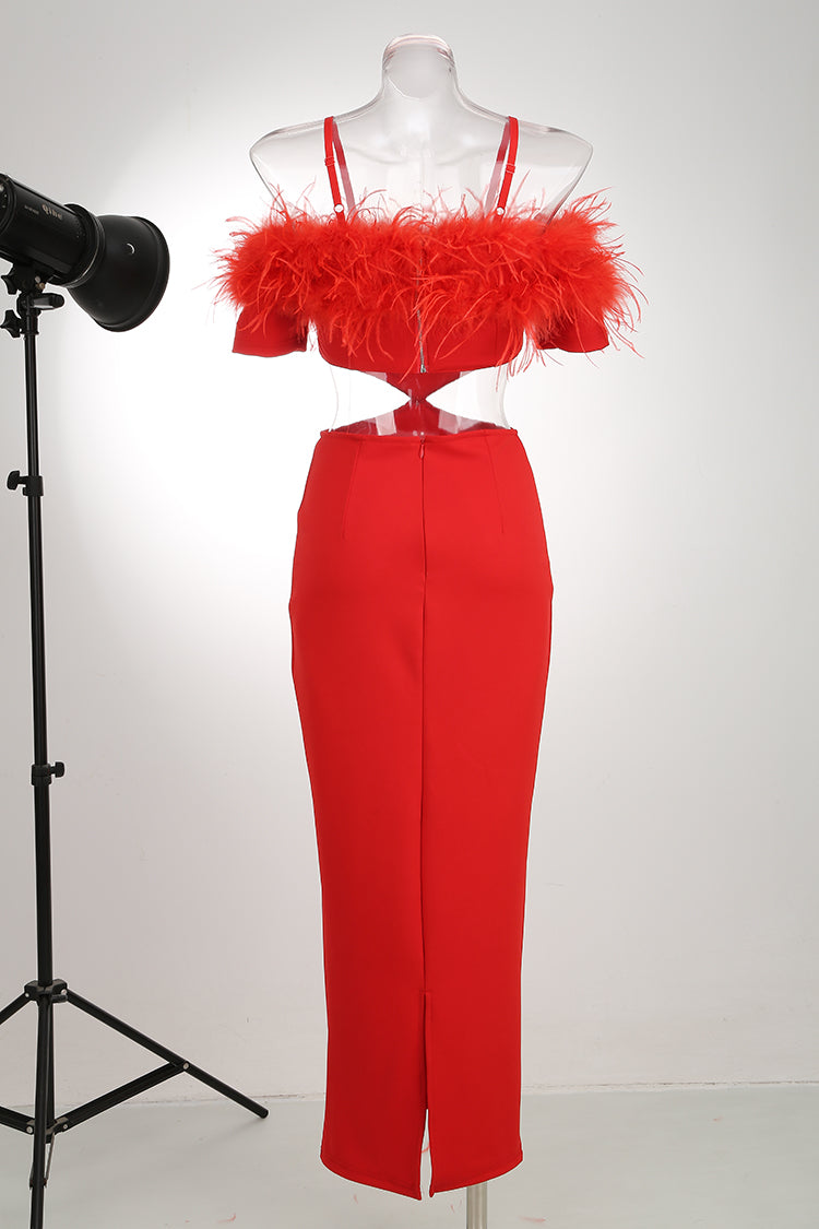 Off-shoulder feather panel red dress