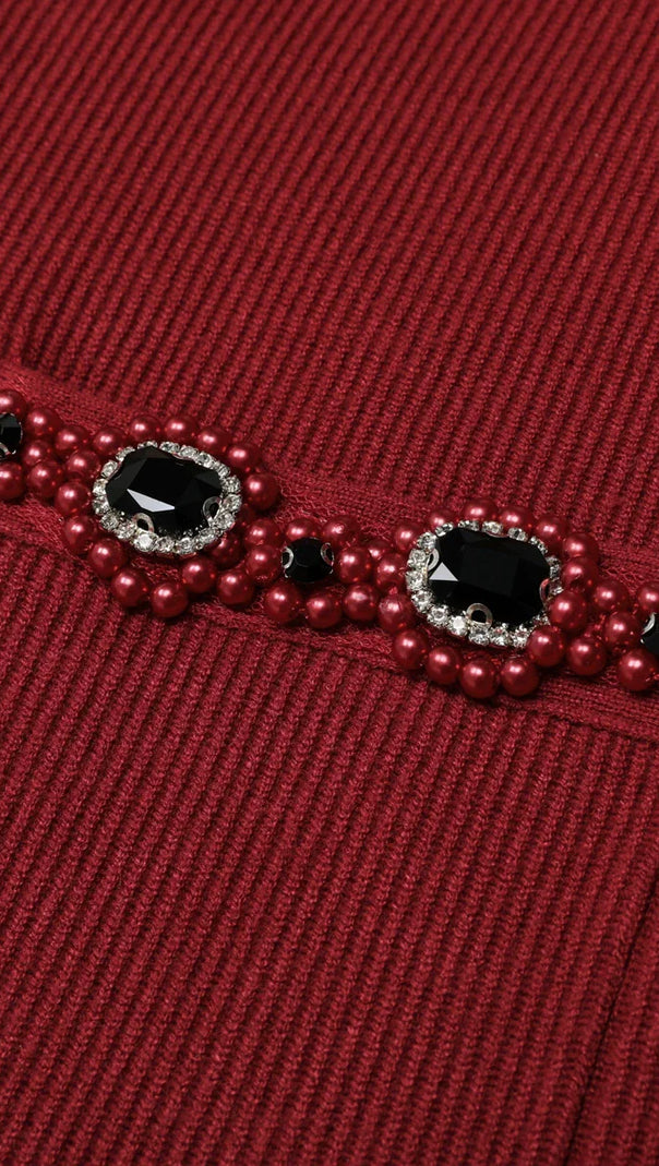 AIIZIE Elegant Wine Red Embellished Knit Cardigan & Midi Skirt Set - product image