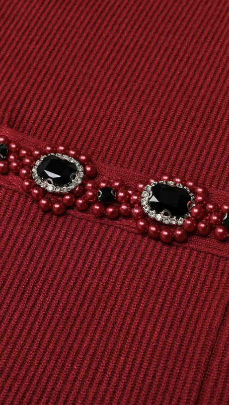 Elegant Wine Red Embellished Knit Cardigan & Midi Skirt Set