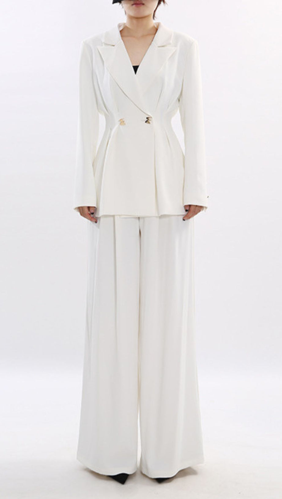 Janine Chic White Power Suit Set: Tailored Blazer & Wide-Leg Trousers