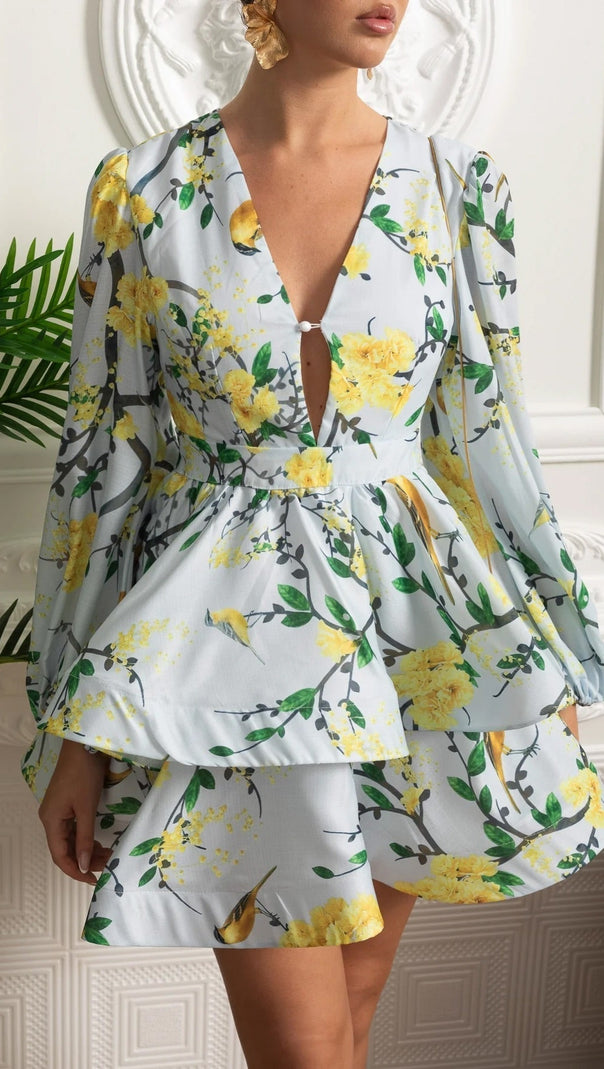 Floral Romantic Mini Dress With Voluminous Sleeves And Peplum Detail - Sky Blue