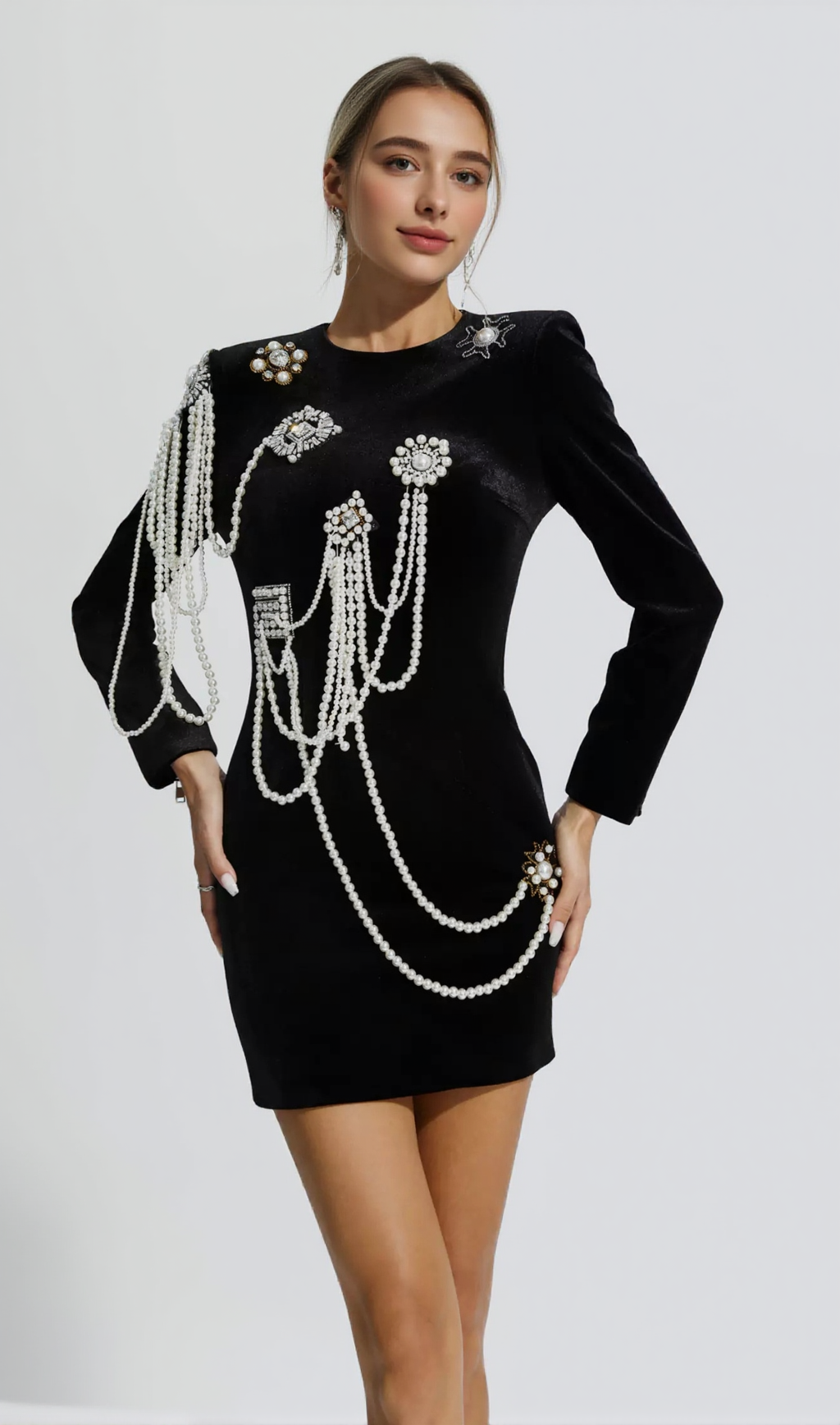 LONG SLEEVE DIAMOND PEARLS DRESS - BLACK
