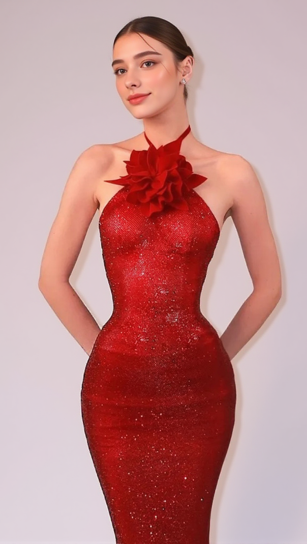 AIIZIE URSULA 3D FLOWER SEQUIN HALTER MAXI DRESS IN RED - product image