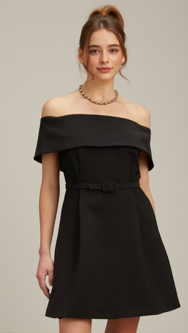 AIIZIE BELTED OFF-SHOULDER A-LINE MINI DRESS IN BLACK - product image