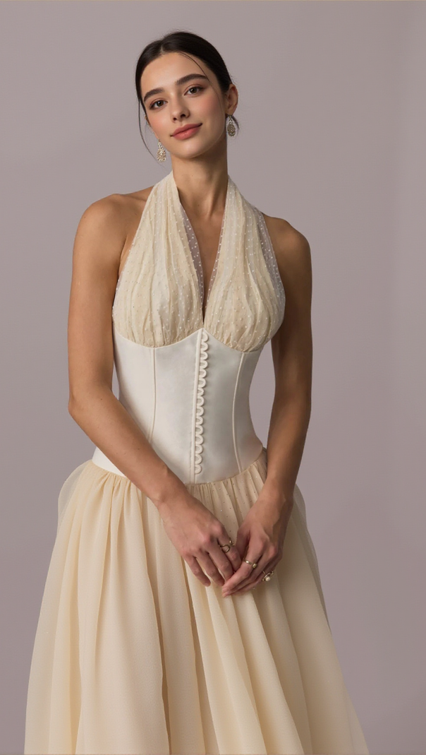 AIIZIE TIFFANY HALTERNECK TULLE OVERLAY MAXI DRESS IN APRICOT - product image