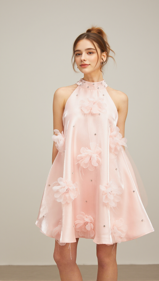 AIIZIE QUELLA PINK FLOWER SLEEVELESS A-LINE MINI DRESS - product image