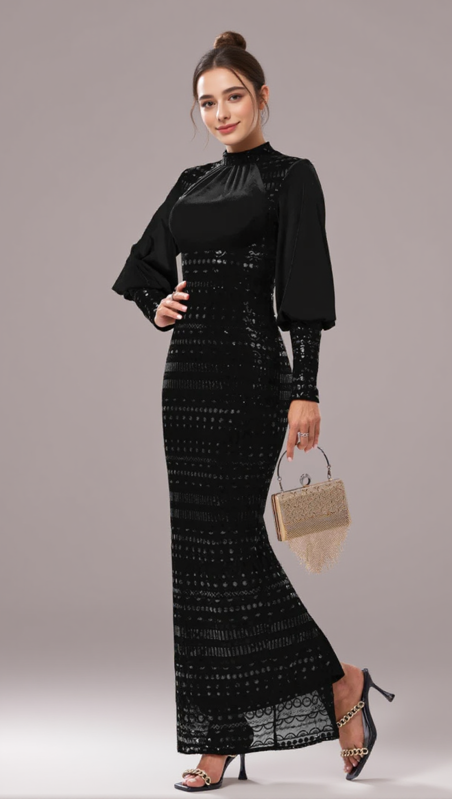 Beatrice – Langärmliges Maxikleid mit Pailletten in Schwarz