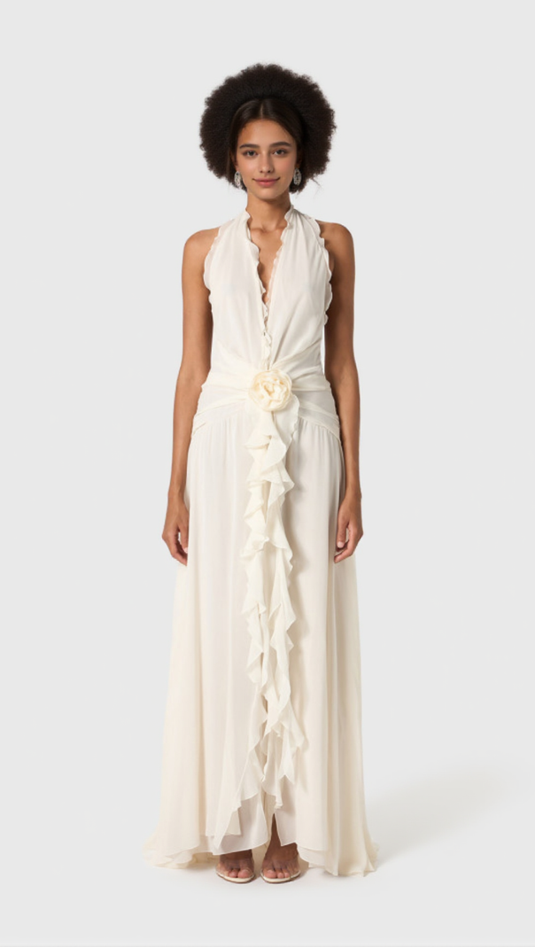 AIIZIE AONAVER FLORAL RUFFLE HALTER MAXI DRESS IN WHITE - product image