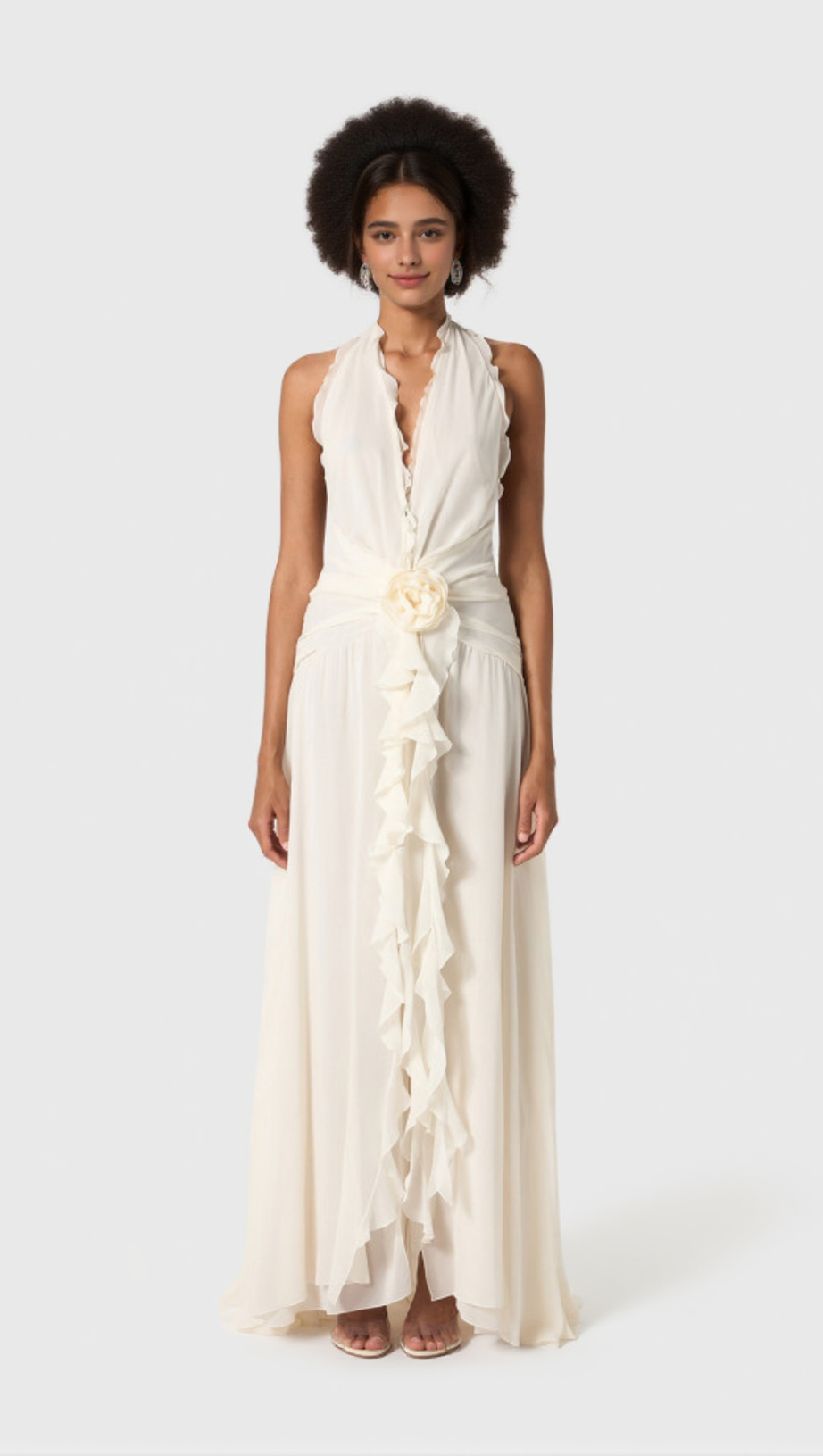 AONAVER FLORAL RUFFLE HALTER MAXI DRESS IN WHITE