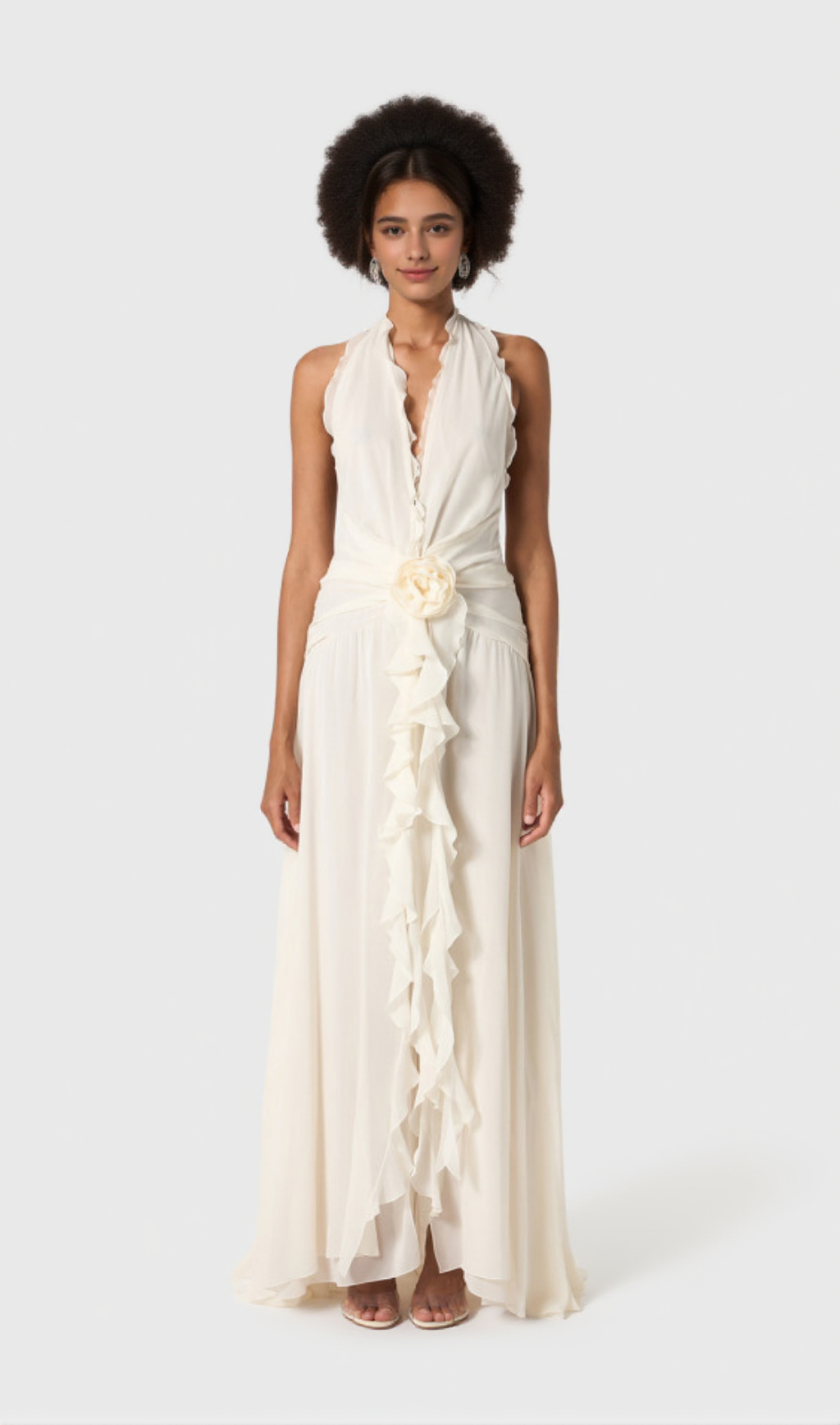AONAVER FLORAL RUFFLE HALTER MAXI DRESS IN WHITE