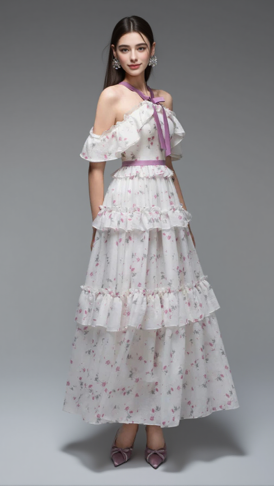 FLORAL PRINT BOW COLLAR RUFFLE FLARED MAXI DRESS