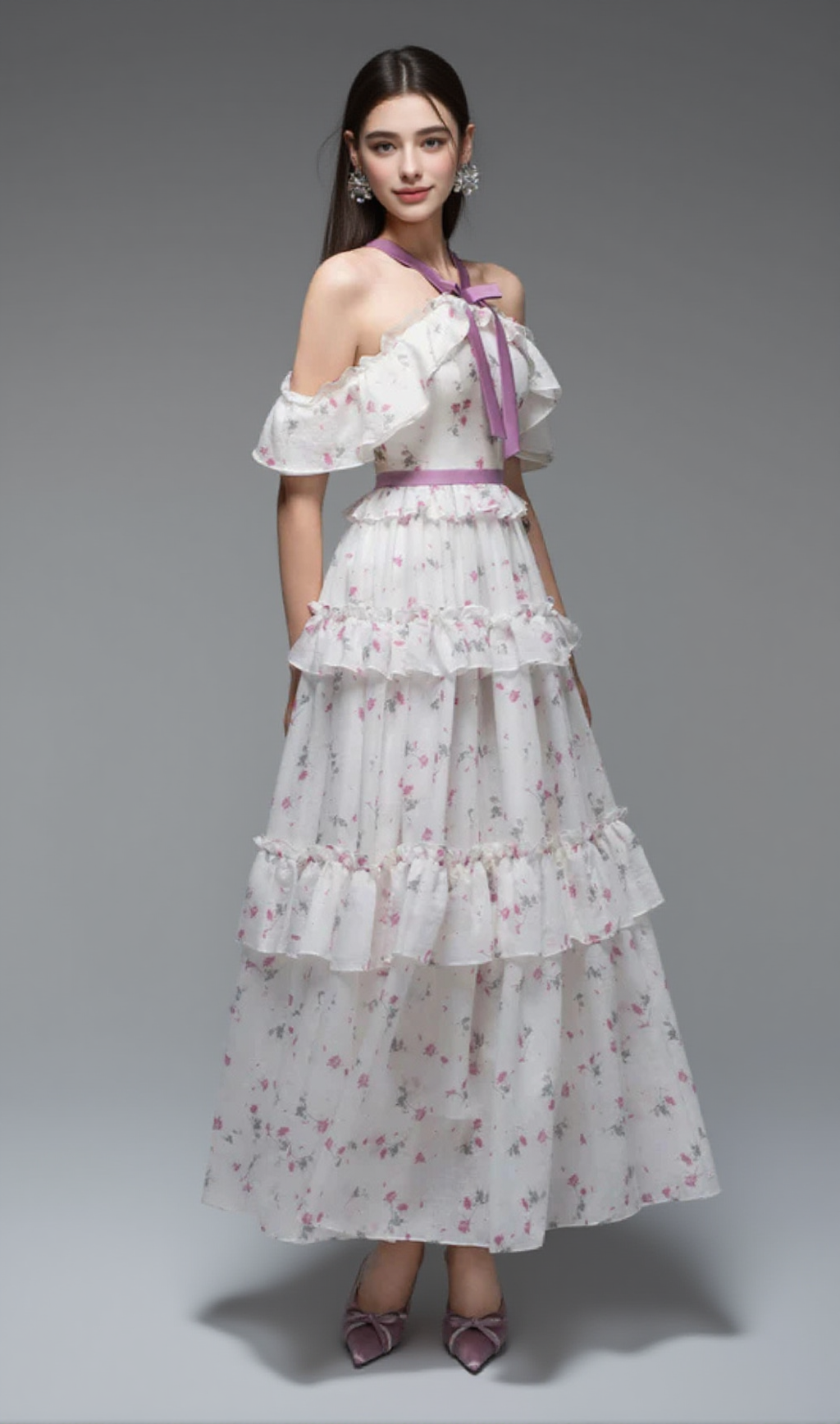 FLORAL PRINT BOW COLLAR RUFFLE FLARED MAXI DRESS