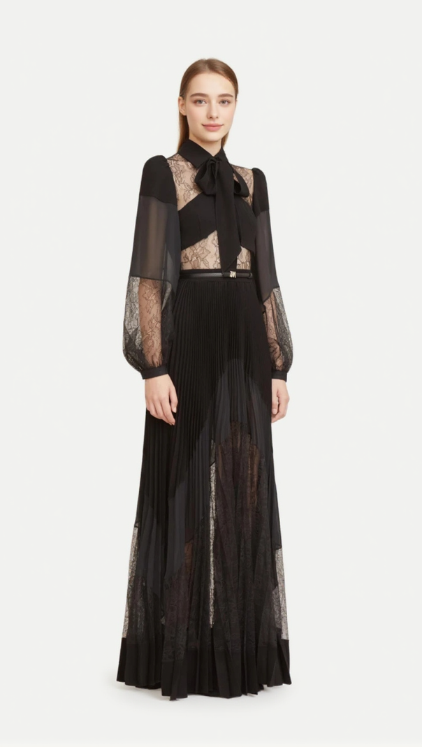 AIIZIE SIMONA LACE SPLICE PLEATED MAXI DRESS IN BLACK - product image