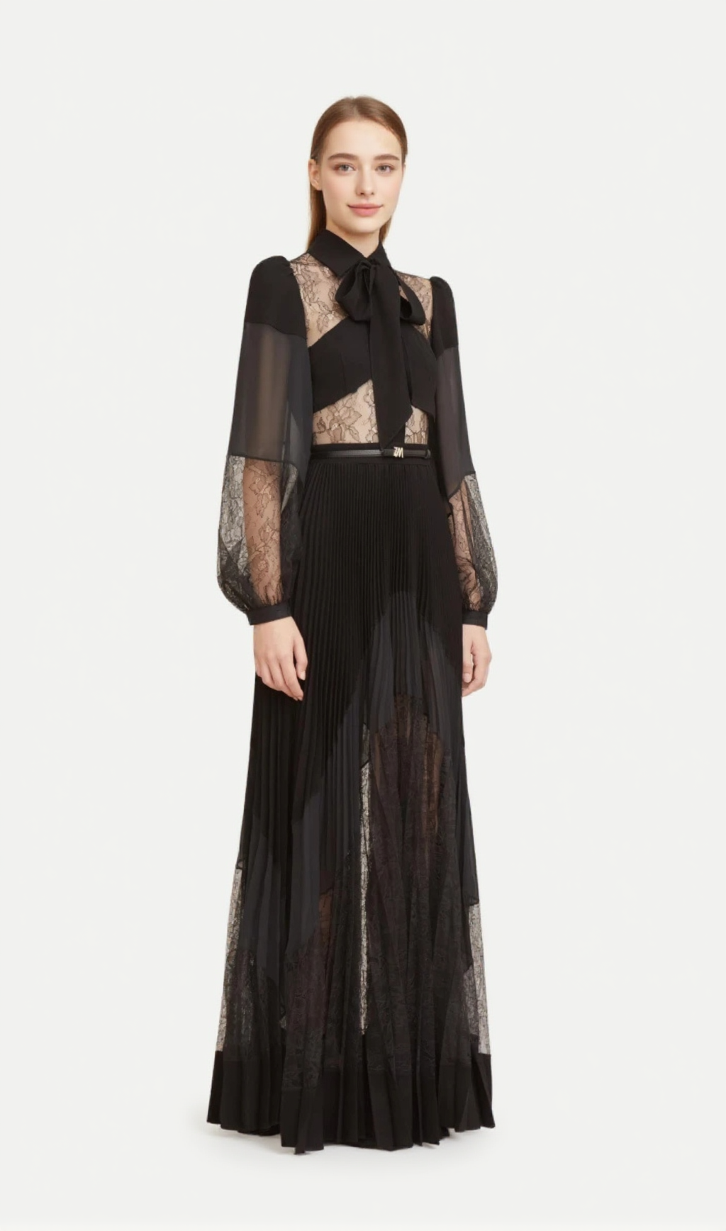 SIMONA LACE SPLICE PLEATED MAXI DRESS IN BLACK