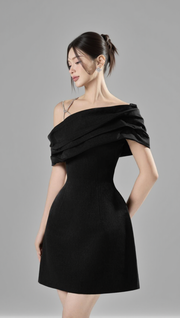 AIIZIE ELLEN ASYMMETRIC NECK TAFFETA MINI DRESS IN BLACK - product image