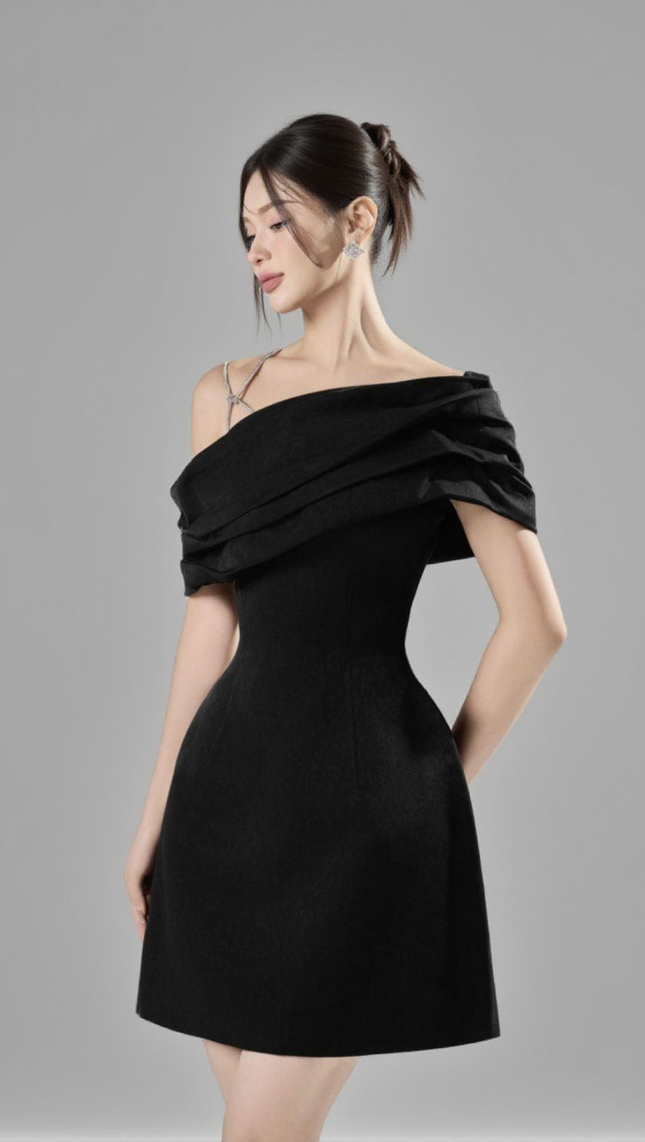 ELLEN ASYMMETRIC NECK TAFFETA MINI DRESS IN BLACK
