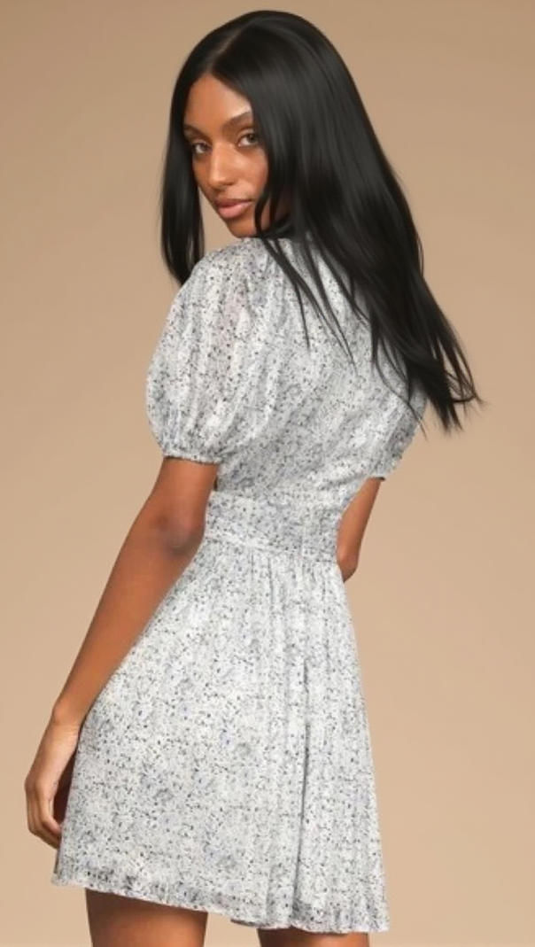 AIIZIE BUDDING LOVE WHITE FLORAL PRINT PUFF SLEEVE CUTOUT MINI DRESS - product image