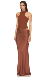 Ilya Asymmetrical Cutout Satin Maxi Dress in Brown