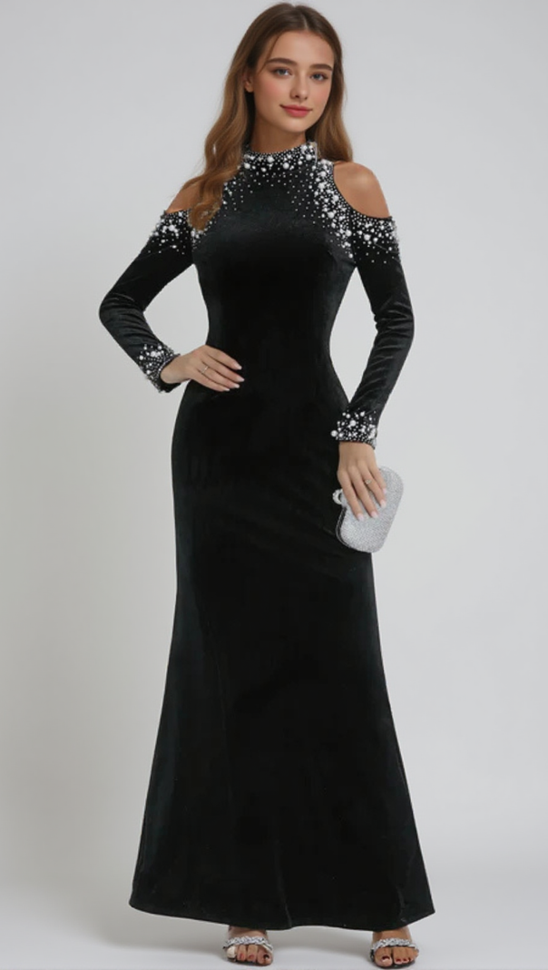 AIIZIE BARBARA SEQUIN EMBELLISHED LONG SLEEVE MAXI DRESS IN BLACK - product image