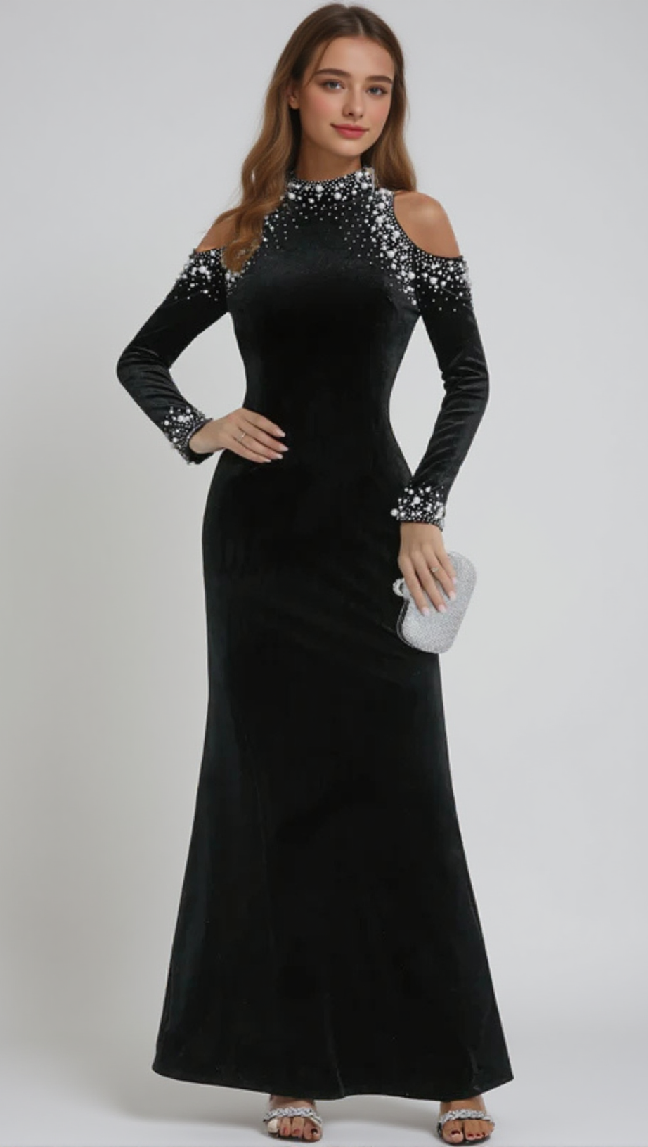BARBARA SEQUIN EMBELLISHED LONG SLEEVE MAXI DRESS IN BLACK