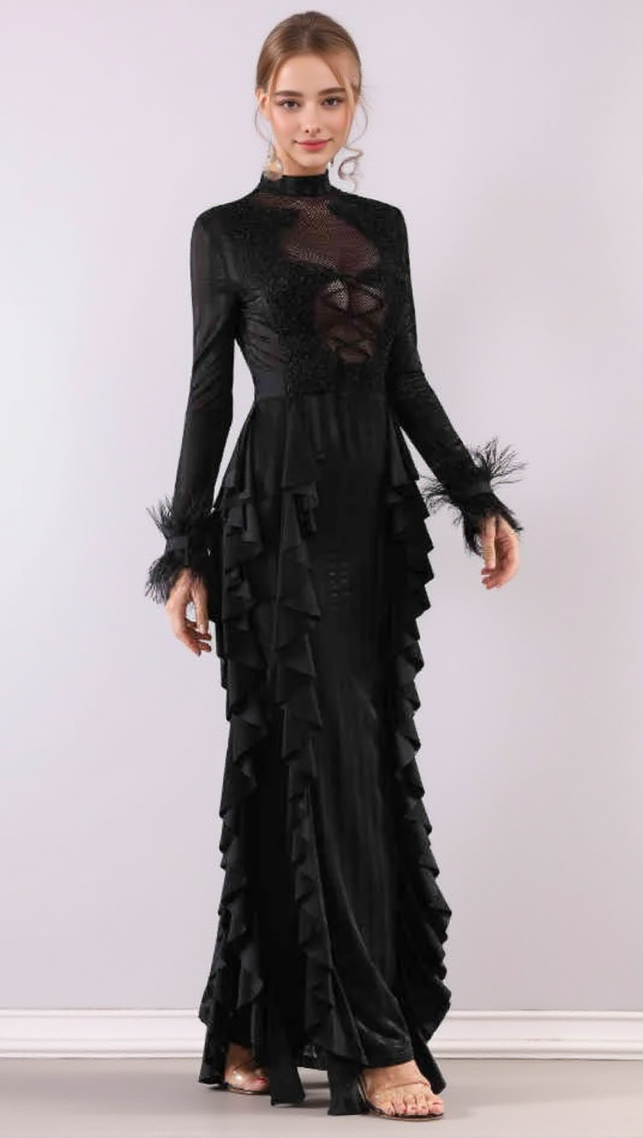 ALANI PANAGAS LONG SLEEVE MESH RUFFLE DRESS