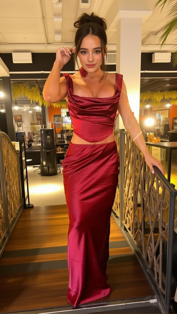 AIIZIE DRAPED CORSET TWO PIECE MAXI DRESS RED - product image
